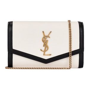 Saint Laurent YSL Uptown Blanc Natural & Noir Leather Wallet on a Chain NEW
